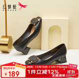 红蜻蜓秋冬女士粗跟小香风皮鞋职业通勤妈妈鞋高跟鞋WFB31540 黑色 37