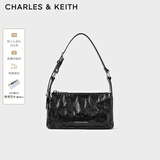 CHARLES&KEITH褶皱油蜡皮斜挎小方包手提包腋下包女士生日礼物CK2-80160183 Noir黑色 S