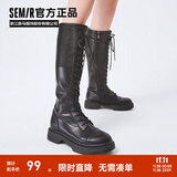 Semir官方正品时装靴女靴春秋季新款潮流休闲高帮系带机车靴长筒靴女 黑色 36