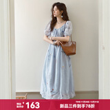 谜秀法式植物刺绣连衣裙2025夏季新款莱赛尔裙子气质系带短袖长裙女 蓝色 S
