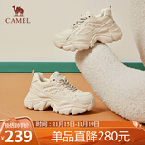 骆驼（CAMEL）老爹鞋女网布皮面拼接双系带厚底休闲鞋 L24S283079 杏色 36