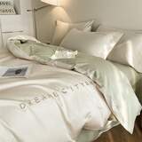 乐全长绒棉四件套全棉纯棉2025新款轻奢裸睡亲肤床单被套南通床上用品 拼色-奶昔白+果绿 1.5米 床笠款 四件套适合200*230被芯