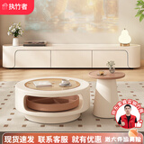 执竹者圆形玻璃茶几客厅家用2025新款小户型奶油风设计师创意旋转茶几桌 茶几边几+2.2米电视柜
