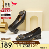 红蜻蜓秋冬女士粗跟小香风皮鞋职业通勤妈妈鞋高跟鞋WFB31540 黑色 36