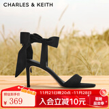 CHARLES&KEITH一字带缎面蝴蝶结绑带高跟凉鞋子女鞋生日礼物CK1-61720177 BLACK TEXTURED黑色纹理 38