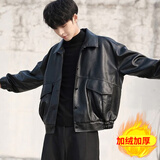 NUKM春秋季外套韩版潮流宽松皮衣男短款机车服青年学生飞行员皮衣夹克 002款黑色  加绒 L 建议110 -130斤左右 现货秒发