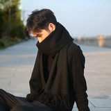 目丸围巾男士冬季韩版百搭日系纯色披肩学生男士加厚保暖秋冬天围脖元 【黑色】-通用加厚款