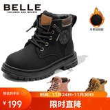 百丽童鞋冬保暖儿童靴子男童马丁靴女童加绒短靴皮靴 黑色32码