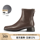 千百度女鞋简约气质骑士靴新款女靴中跟短靴方头加绒瘦瘦靴潮流 咖(绒里) 37