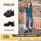 接吻猫KISSCAT女鞋[奥利奥]厚底乐福鞋秋冬季新款百搭系带JK真皮小皮鞋 黑色牛皮革 38