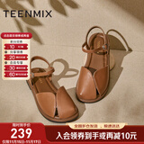 天美意鞋子女鞋软底平底百搭纯色复古百搭休闲凉鞋KX008BL4 棕色 37