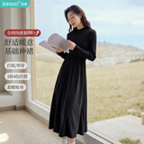 茵曼法式灯芯绒连衣裙秋冬女装高领长袖A摆针织中长裙子 午夜黑 L 
