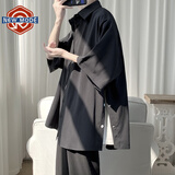 NEW OR MODE短袖衬衫男夏季冰丝衬衣潮流排扣休闲外套宽松潮牌五分半袖上衣服 C17-黑色 XL