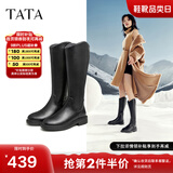 他她（TATA）黑色V口长筒靴女英伦加绒抗寒高筒靴骑士靴冬季G5JA1DG2 黑色（绒里） 38
