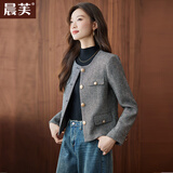 晨芙小香风粗花呢短外套女休闲时尚复古气质修身小个子羊毛呢西装上衣 单件灰色外套 L 建议100-110斤