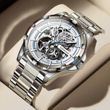 马克华菲（FAIRWHALE）手表男士机械表全自动镂空飞轮时尚男表国潮夜光防水瑞士品质腕表 免费刻字/银白钢带/礼盒包装