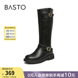 百思图冬新款扣带加绒厚底骑士靴小个子高筒靴女长靴W0819DG4 黑色 39