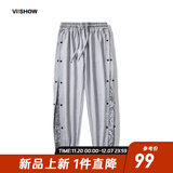 viishow新款休闲潮牌长裤腰果花拼接潮流侧边排扣印花嘻哈校园休闲束脚裤 灰色 L