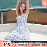 三彩2025夏季新款碎花吊带裙无袖高腰连衣裙显瘦A字裙长裙度假M