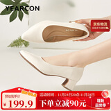 意尔康女鞋粗跟时装鞋浅口套脚高跟鞋工作女单鞋春秋 26905W米白35