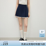 范思蓝恩学院风A字百褶高腰半裙女2025春季新款蕾丝花边短裙1203 藏青色 M