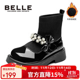 百丽 童鞋冬季女童靴子儿童加绒袜子靴保暖时装靴 黑色36码