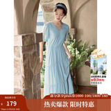 茵曼（INMAN）法式薄荷曼波连衣裙2024夏女装新品V领灯笼袖抽绳 绀蓝色 S
