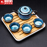 建盏功夫茶具套装家用窑变天目釉茶杯茶壶茶盘陶瓷钧窑沙金泡茶器 5头（兔豪蓝/方圆壶）+小四方（条纹）密胺/白