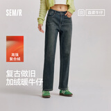 森马（Semir）牛仔裤女冬加绒做旧长裤女生保暖显腿长ins潮直筒裤103724124011