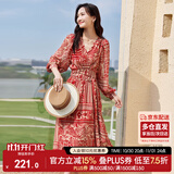 尚都比拉春秋中长款印花红色连衣裙气质女神范显瘦度假裙子 红花 L 
