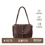 裘真复古001邮差包女单肩通勤大容量斜挎包植鞣头层牛皮包 咖啡色-中号