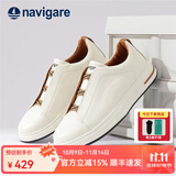 纳维凯尔（Navigare）意大利小帆船真皮低帮板鞋透气简约高级商务百搭休闲鞋一脚蹬男鞋 米白 41 （顺丰速发）