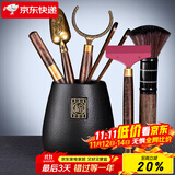 祥业功夫茶具配件茶道六君子套装茶刀茶针茶则茶勺刷喝茶泡茶工具大号 粗陶福锦茶道筒（雅黑）+佛手五件套+茶刮