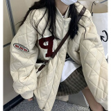 冬季菱形棉服菱格棒球服女新款加厚棉衣夹棉外套P字韩版宽松短款棉袄 米白色 加棉加厚 XL