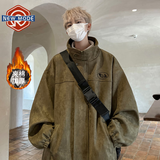 NEW OR MODE美式复古麂皮绒外套男春秋季新款立领夹克男款潮牌痞帅高级感褂子 绿色夹棉 XL