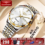 冠琴（GUANQIN）男士手表瑞士品质耐磨防水夜光全自动机械表双日历手表男机械表 全自动机械款-间金白面