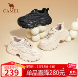 骆驼（CAMEL）老爹鞋女网布皮面拼接双系带厚底休闲鞋 L24S283079R 杏色绒里 37