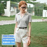 Olrain欧芮儿美式复古短袖T恤女夏季女装撞色polo领上衣衣服polo衫 花灰色 M