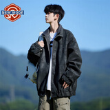 NEW OR MODE美式复古翻领pu皮夹克男秋季高级感潮牌大码宽松痞帅男生外套男款 J861-黑色 XL 【建议125-145斤】