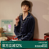 安之伴情侣睡衣女秋冬季开衫国民领保暖双面珊瑚绒男女家居服套装可外穿 黑兰-男 L