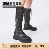 Semir官方正品切尔西靴女靴春秋季新款骑士靴增高显瘦长筒系带弹力靴女 黑色 39