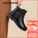 老人头(LAORENTOU) 短靴女中跟粗跟妈妈鞋棉鞋女牛皮棉皮鞋女靴中年女士毛皮鞋女保暖鞋 LB53569 黑色 37