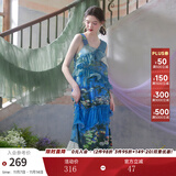 两三事度假超仙的裙子女夏季紫色油画艺术吊带海边连衣裙云雾睡莲 蓝色 S