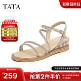 他她（TATA）绝美坡跟凉鞋女外穿一字带时装凉鞋秋季新款7UA03BL4 金色 34