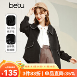 betu百图女装复古翻领赫本风娃娃领精致织带花边灯笼袖毛呢外套女2109T01 黑色 S