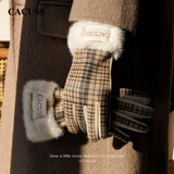 CACUSS羊毛手套女冬季复古英伦格纹拼接加厚防风保暖 月光杏