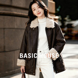 百家好（Basic House）Basic House/百家好复古皮毛一体外套女仿羊羔毛翻领加厚PU外套冬 深咖色 L