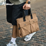 墨一男士帆布手提包休闲单肩斜挎包背包男轻便通勤电脑包大容量公文包 山系高品质升级款-棕色