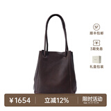 裘真008水桶包女斜挎通勤大容量真皮复古小众植鞣牛皮包包 咖啡色-小号