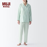 无印良品（MUJI） 女式 无侧缝双层纱织睡衣女士家居服春秋纯棉条纹格纹长袖 女款 淡绿色条纹 L (上装165/88A下装165/70A)